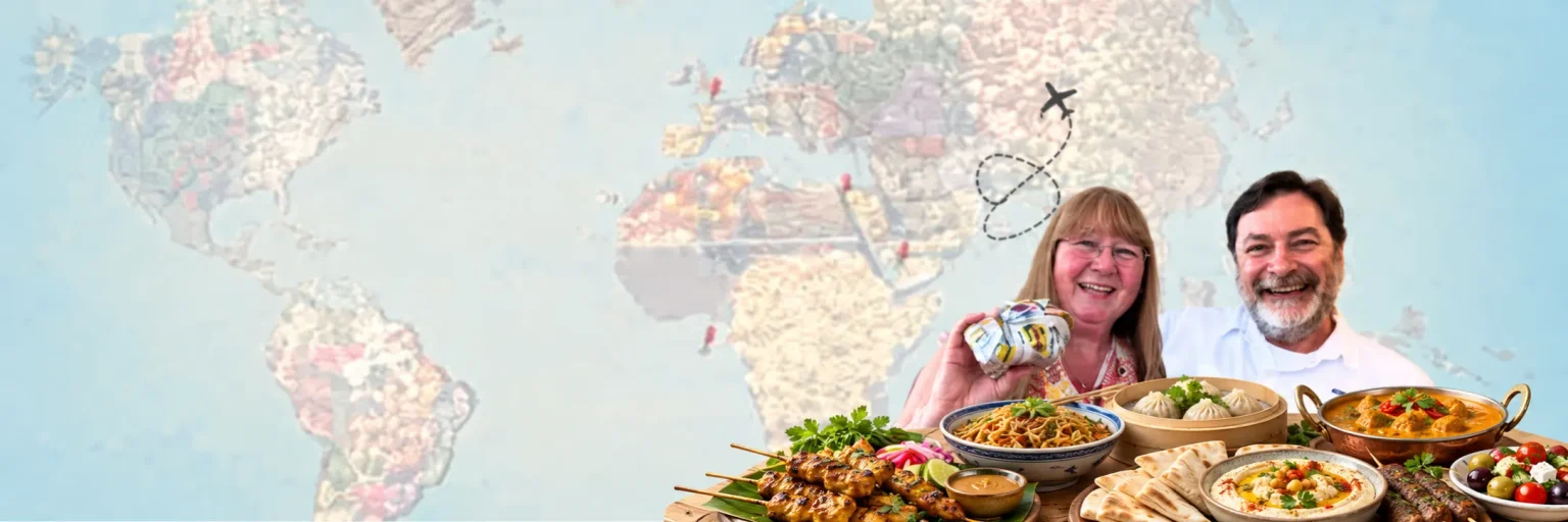 John and Karen Gentry smiling together over food against a bright world travel map