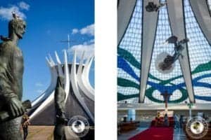 Cathedral of Brasília's striking exterior with modernist architecture and interior stained glass, showcasing cultural significance and architectural beauty in Brazil.