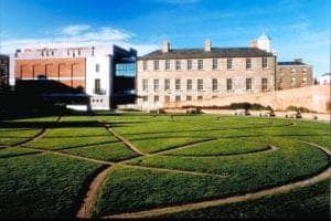 Chester Beatty museum exterior with landscaped garden and intricate pathways, showcasing art and cultural significance.
