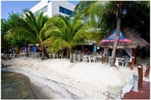 Beachfront dining area at El Fish Fritanga, featuring palm trees, thatched roof gazebo, and tables on sandy shore, ideal for travelers seeking local culinary experiences.