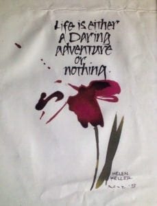 Quote by Helen Keller: "Life is either a daring adventure or nothing," accompanied by a watercolor illustration of a flower, emphasizing travel and exploration themes relevant to ExploreTraveler.
