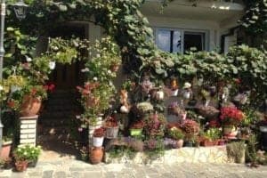 Floral design display with vibrant flowers and greenery adorning a rustic entrance, enhancing travel aesthetics and inspiration for floral arrangements.