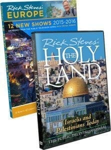 DVD covers for Rick Steves' travel shows, featuring "Rick Steves' Europe" and "Rick Steves: The Holy Land," highlighting travel insights and cultural exploration.