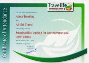 Certificate of Attendance from Travelife for Alena Tomilina, representing Ak-Sai Travel, highlighting participation in sustainability training for tour operators and travel agents.