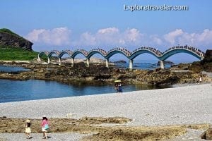 Colorful arch bridge spanning a rocky coastline with people walking on the beach, representing travel destinations and experiences featured on ExploreTraveler.