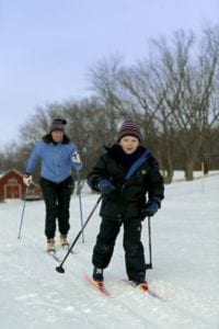 Woman and child cross-country skiing on snow-covered trail, showcasing winter outdoor activity and family engagement in winter sports.