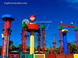 Colorful attractions at Disney California Adventure Park featuring whimsical structures and playful designs, showcasing vibrant colors and theme park elements.