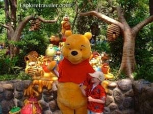Child posing with Winnie the Pooh character in Disneyland Park, surrounded by themed decorations and trees, highlighting family-friendly attractions.