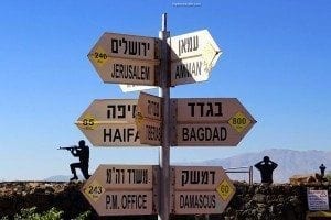 Traffic signpost displaying directional arrows to various cities, including Jerusalem, Amman, Haifa, Baghdad, and Damascus, emphasizing travel safety and navigation in the context of travel resources.