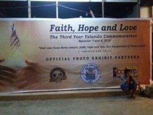 Banner displaying "Faith, Hope and Love" for the Third Year Yolanda Commemoration, featuring a hand illustration and event details, relevant to travel insights and cultural experiences.