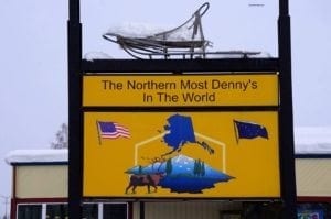 The Northernmost Denny’s in the World! - A yellow sign with black text - North Pole