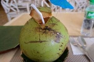 Coconut water “Mother Nature’s guilt-free sports drink” - A piece of cake sitting on top of a table - Coconut water