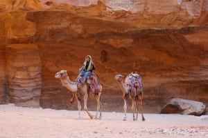 Camel ride in Jordan's scenic landscape, showcasing a traveler amidst vibrant red rock formations, emphasizing unique cultural experiences and exploration opportunities.