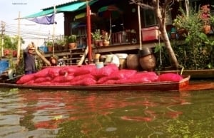 Boat loaded with pink bags navigating the waters of Damnoen Saduak Floating Market, surrounded by traditional Thai buildings and greenery.
