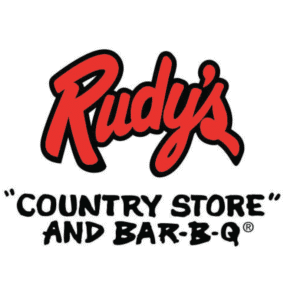 Rudy's Country Store and Bar-B-Q logo featuring bold red and black text, representing a popular BBQ brand in Texas and New Mexico.
