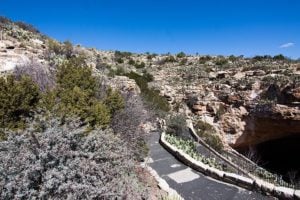 Pathway leading to the entrance of Carlsbad Caverns National Park, surrounded by desert vegetation and rocky terrain under a clear blue sky.