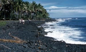 Black sand beach on the Big Island of Hawaii with palm trees, ocean waves, and people walking along the shore, showcasing a unique coastal landscape for travelers.