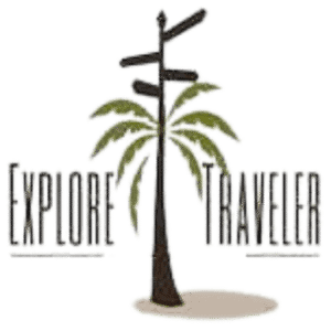 ExploreTraveler logo featuring a palm tree and directional signpost, representing international travel and exploration.
