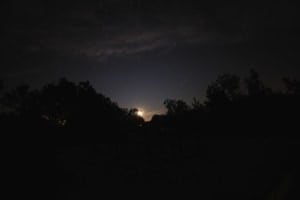 Nighttime landscape with silhouetted trees and a faint horizon glow, reflecting the serene ambiance of hiking trails at Bandelier National Monument.