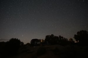 Starry night sky over Hovenweep cultural site, showcasing silhouettes of trees and structures, emphasizing the serene camping experience in a historical location.
