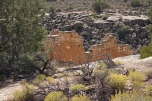 Ruins of Stronghold House at Hovenweep National Monument, showcasing ancient stone architecture amidst desert landscape and vegetation.