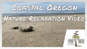Coastal Oregon beach scene with sand, sea, and waves, featuring text overlay for a nature relaxation video by ExploreTraveler.