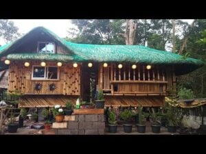 Bahay Kubo, traditional Filipino house with bamboo walls and a green thatched roof, surrounded by potted plants, showcasing cultural architecture and rural life.