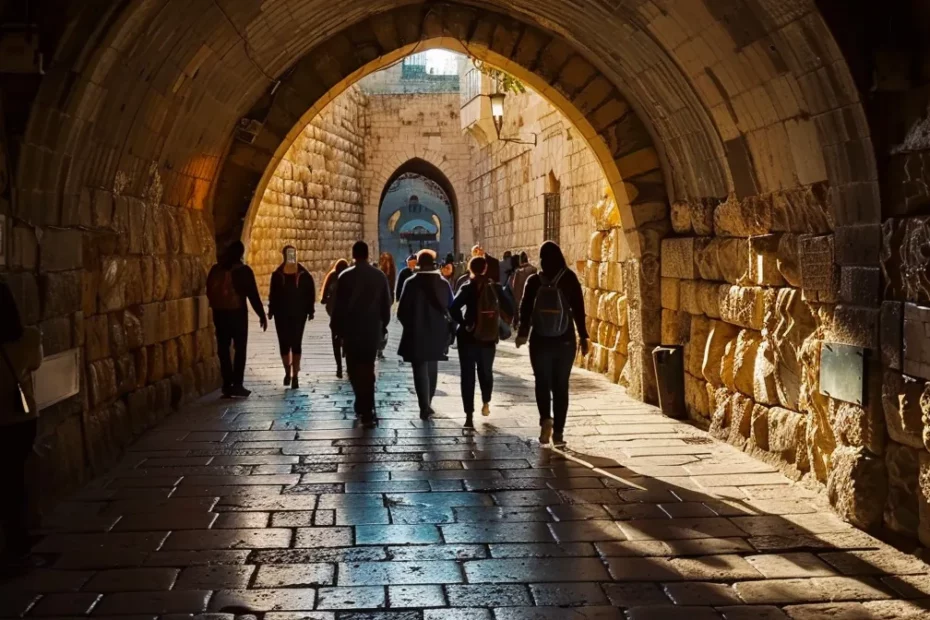 a group of tourists walking through the ancient stone archway of the eastern gate in jerusalem.