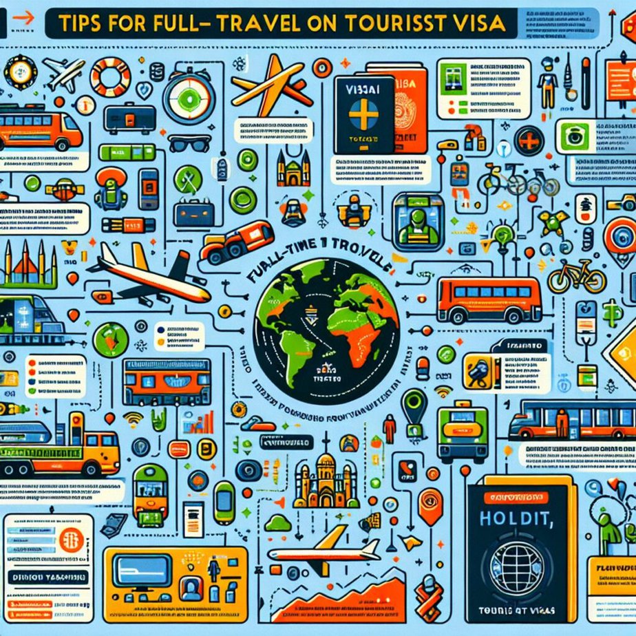 Generate an infographic that visualizes tips for full-time travel on tourist visas. The infographic should include various symbols of transport like airplanes, trains, buses, bicycles, and taxis along with depictions of international passports and visas. It might also feature a global map highlighting popular tourist destinations around the world. Visualize different recommendations such as abiding by visa rules, planning in advance, staying informed about local customs, ensuring necessary health precautions, and optimizing travel expenses. The color scheme of the infographic should be vibrant and attractive, making the data engaging and easy to comprehend.
