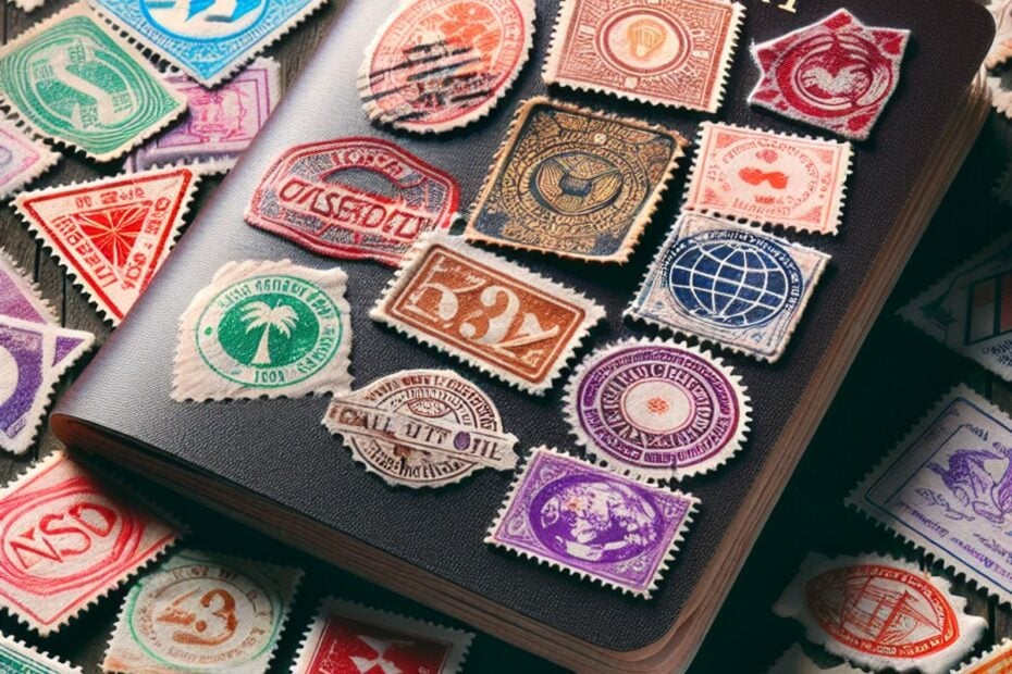 Ein offener Reisepass mit bunten, dekorativen Briefmarken aus verschiedenen Ländern.