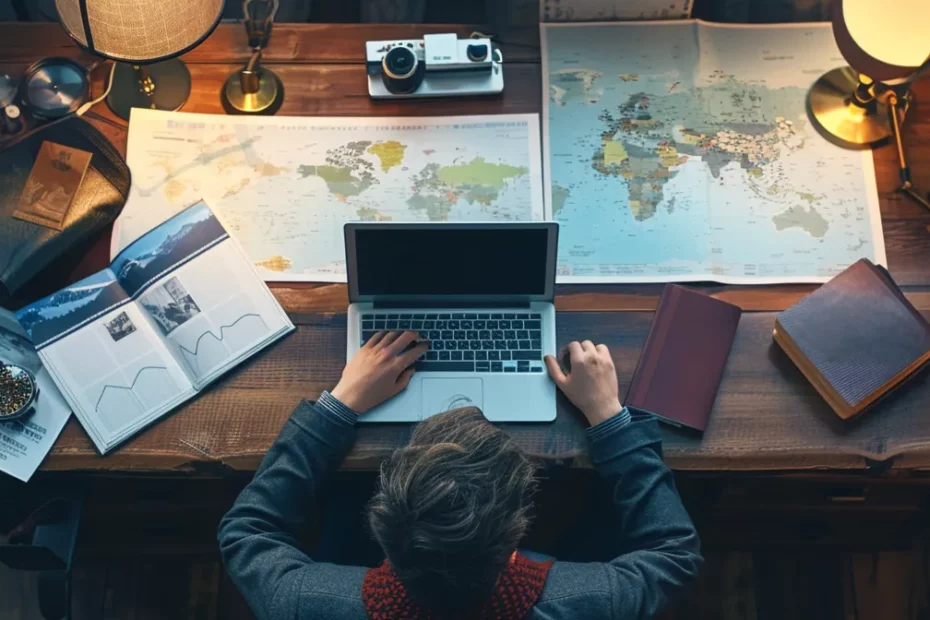 a digital nomad sitting at a sleek, modern desk with a laptop and passport, surrounded by travel photos and a world map.