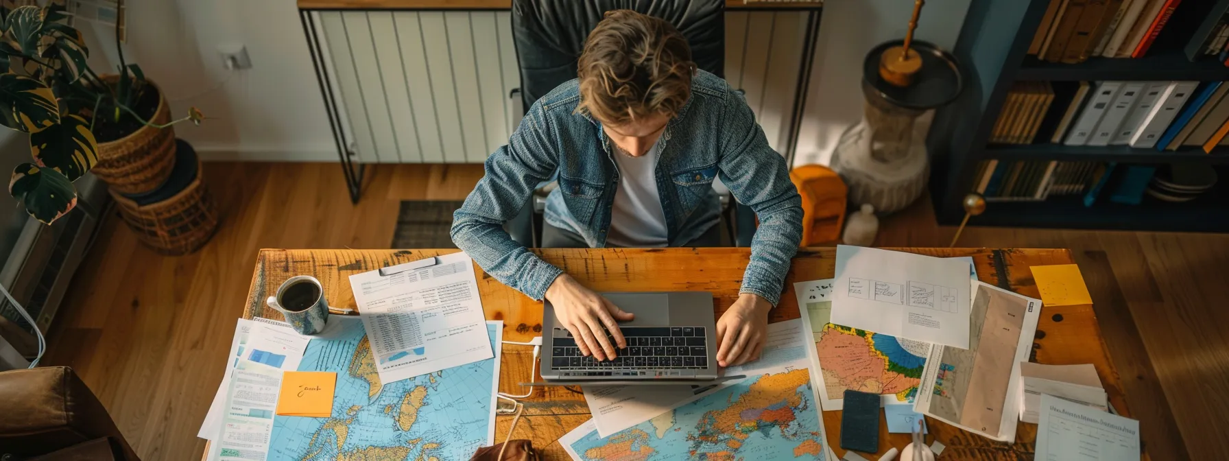 a digital nomad sitting at a desk, surrounded by a laptop, financial documents, and a world map.