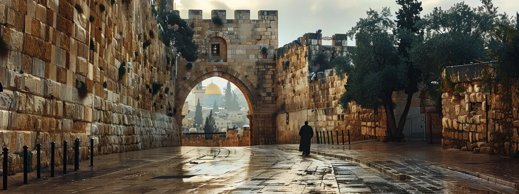 a person standing at the eastern gate of jerusalem, surrounded by ancient walls and a sense of reverence.