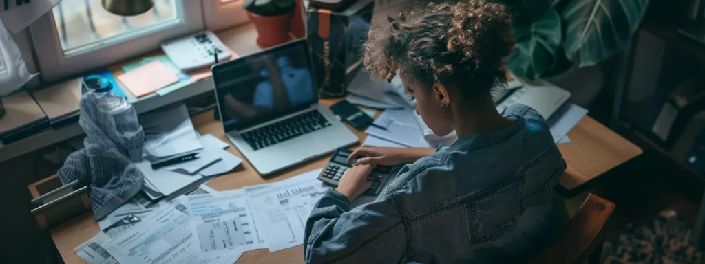 a person sitting at a desk with a laptop, calculator, and financial documents spread out in front of them, deep in thought about digital nomad visa income requirements.