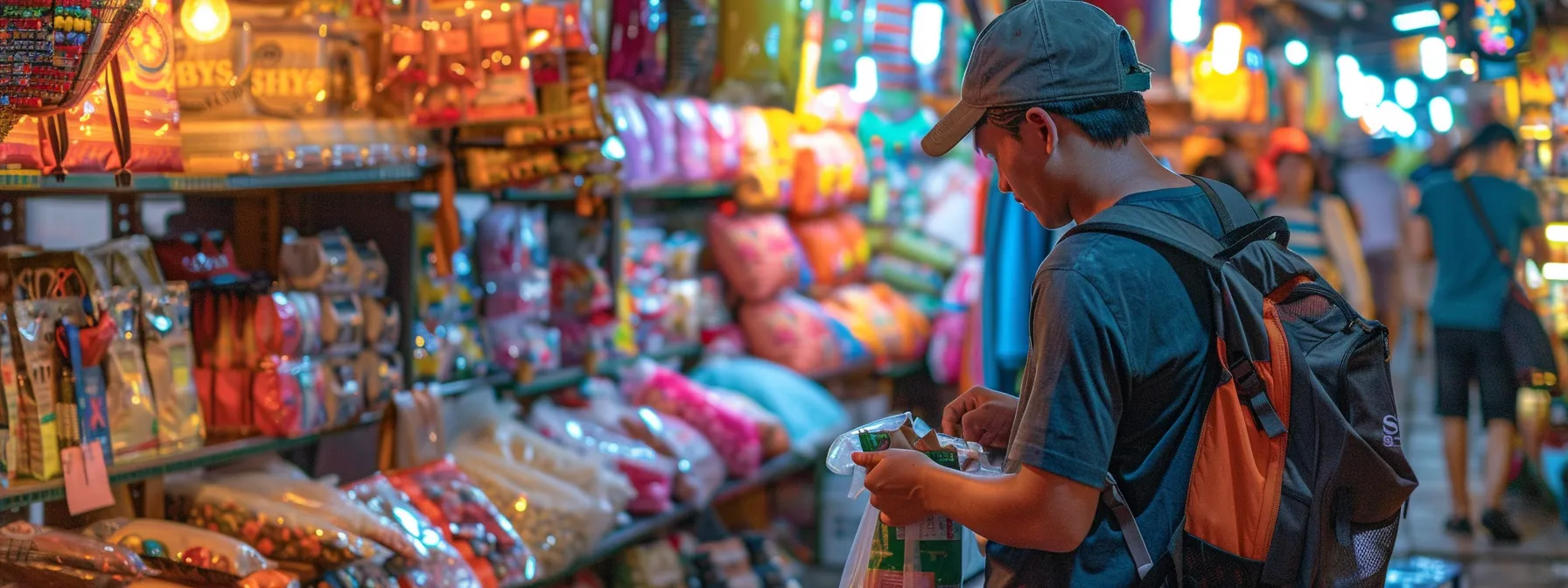 a backpacker carefully packing essentials in a colorful, bustling marketplace in southeast asia.