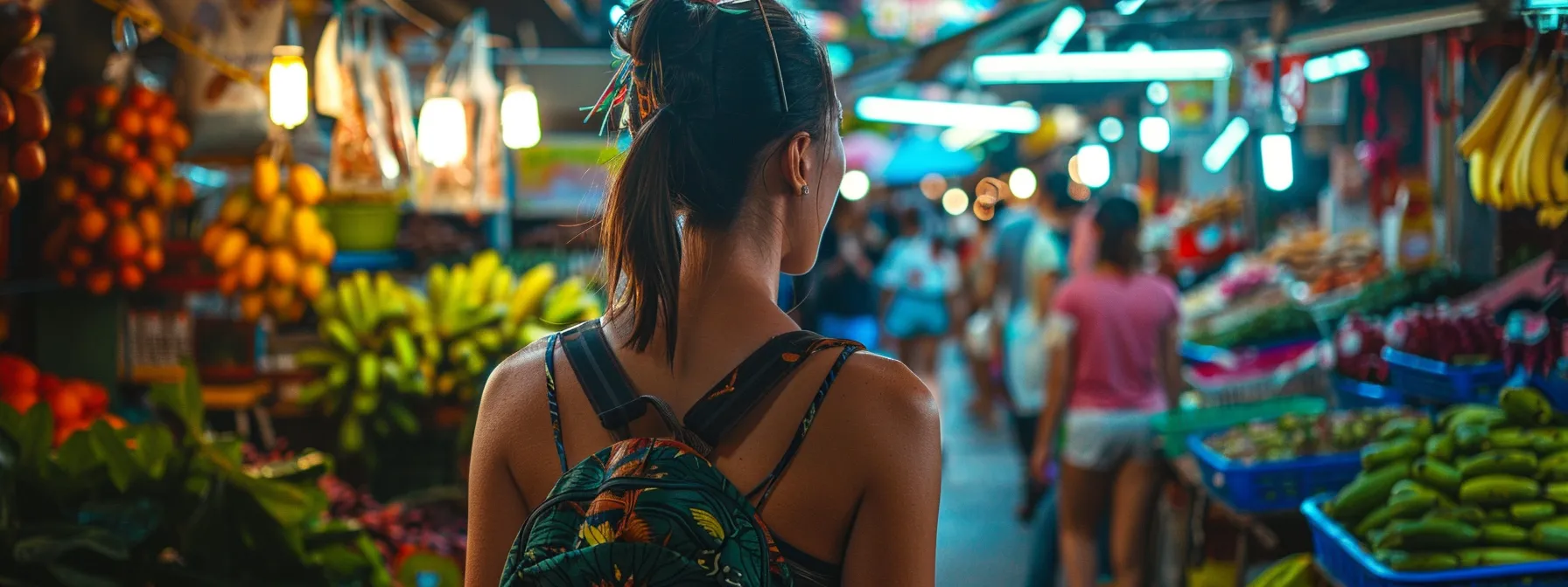 a backpacker exploring colorful markets in bustling southeast asian cities, with lush green rice fields in the background.