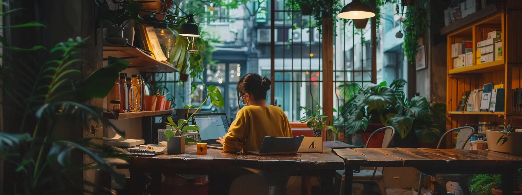 a digital nomad working at a cozy café in a vibrant city.