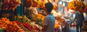 ein Reisender, der auf einem geschäftigen Markt, umgeben von leuchtenden Farben und exotischen Produkten, in ein Gespräch mit den Einheimischen vertieft ist.