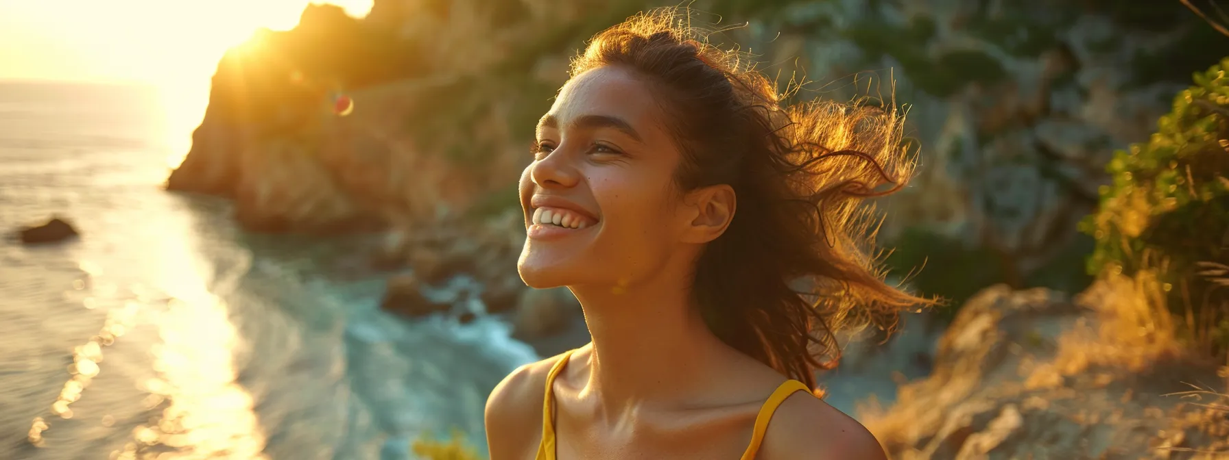 a person smiling while video calling loved ones from a scenic outdoor location.