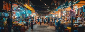 سوق شارع نابض بالحياة في بينانغ يعج بالسكان المحليين وأكشاك الطعام الحلال اللذيذة في الشوارع، مما يعرض جوهر المغامرة الطهوية.