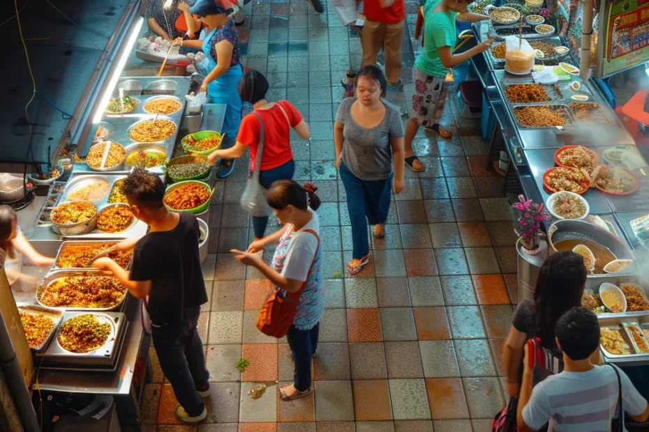a bustling hawker stall lined with colorful, aromatic dishes and diners eagerly sampling local delicacies in penang.