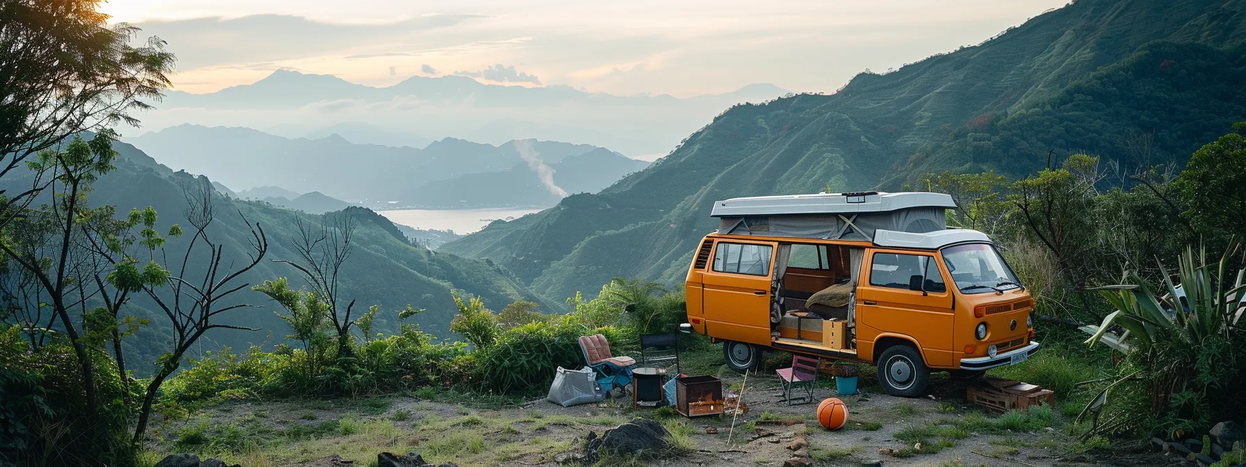 a minimalist setup with a cozy van nestled in a lush mountainous landscape, showcasing the financial benefits of nomadic living.