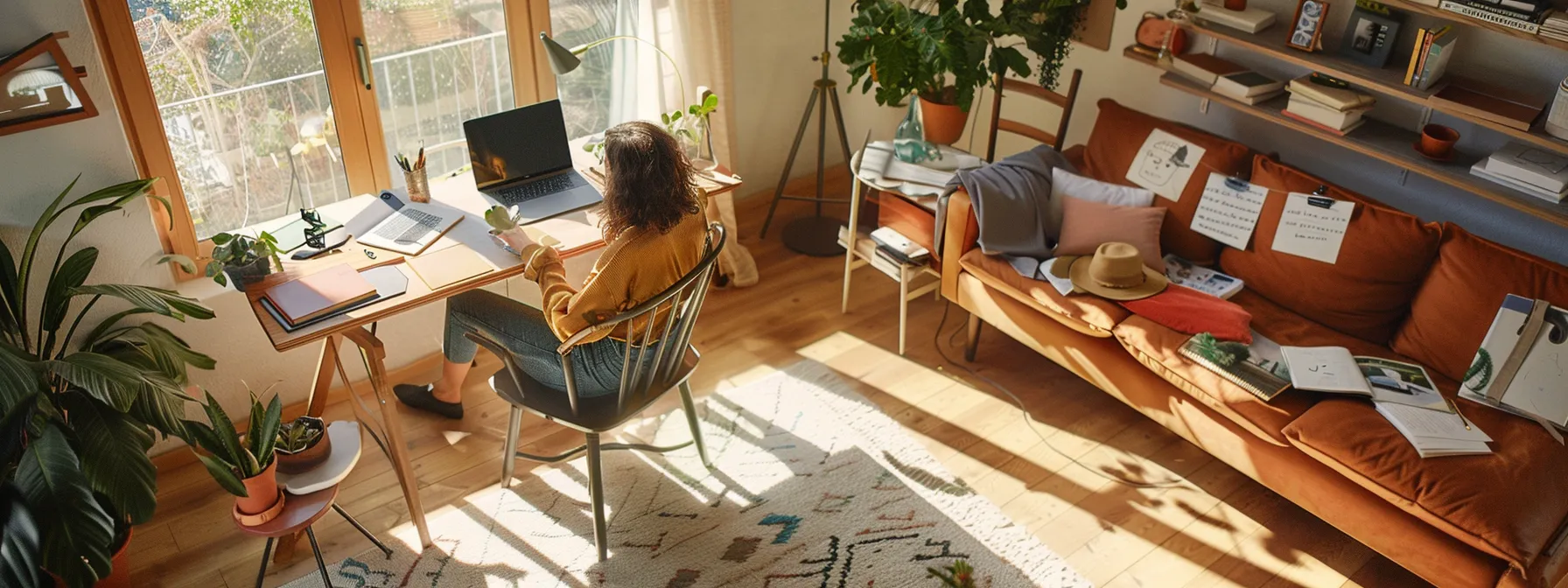 a person setting up a sleek, organized workspace with a laptop and travel essentials in a vibrant, sunlit room, surrounded by notes on finances and health reminders.