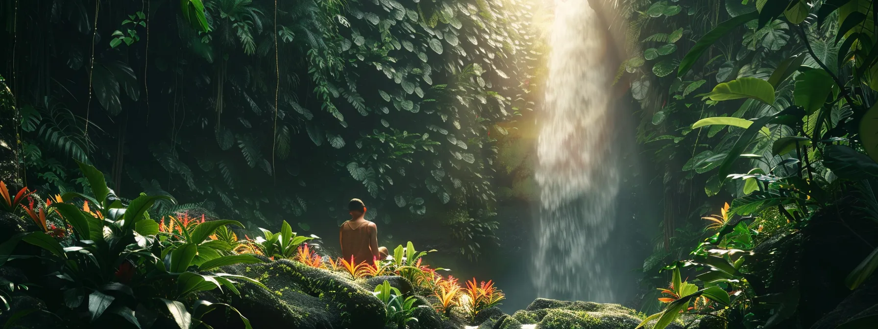 a lone writer sits under a majestic waterfall, surrounded by lush greenery and vibrant flowers, inspiring creativity and innovation.