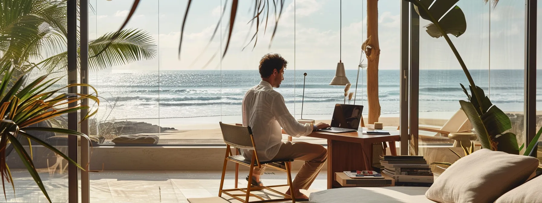 a remote worker sitting at a desk in an airy room overlooking the beach and working on a laptop with a view of the ocean in the background.