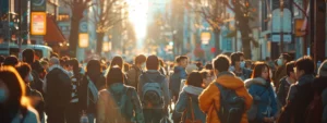 Eine bunt gemischte Gruppe von Reisenden aus aller Welt, die auf einem lebendigen und belebten Stadtplatz über digitale Geräte Geschichten und Erfahrungen austauschen.