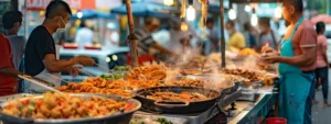 Ein lebhafter Straßenmarkt voller halal-zertifizierter Händler, die frische und köstliche Gerichte servieren und so ein lebendiges und sicheres kulinarisches Erlebnis für Feinschmecker in Penang schaffen.