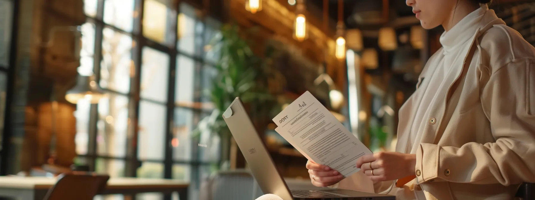 a person holding a passport and financial documents while looking at a laptop in a modern coworking space.