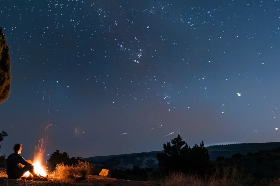 a person sitting by a campfire under a star-filled sky, surrounded by nature and feeling a sense of peace and freedom.