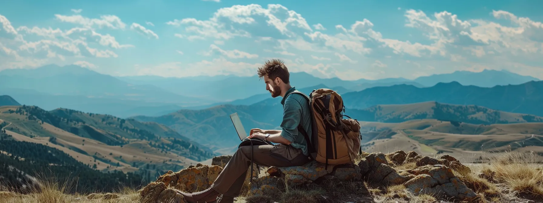 a lone digital nomad with their backpack and laptop, working against a backdrop of scenic mountains and blue skies.